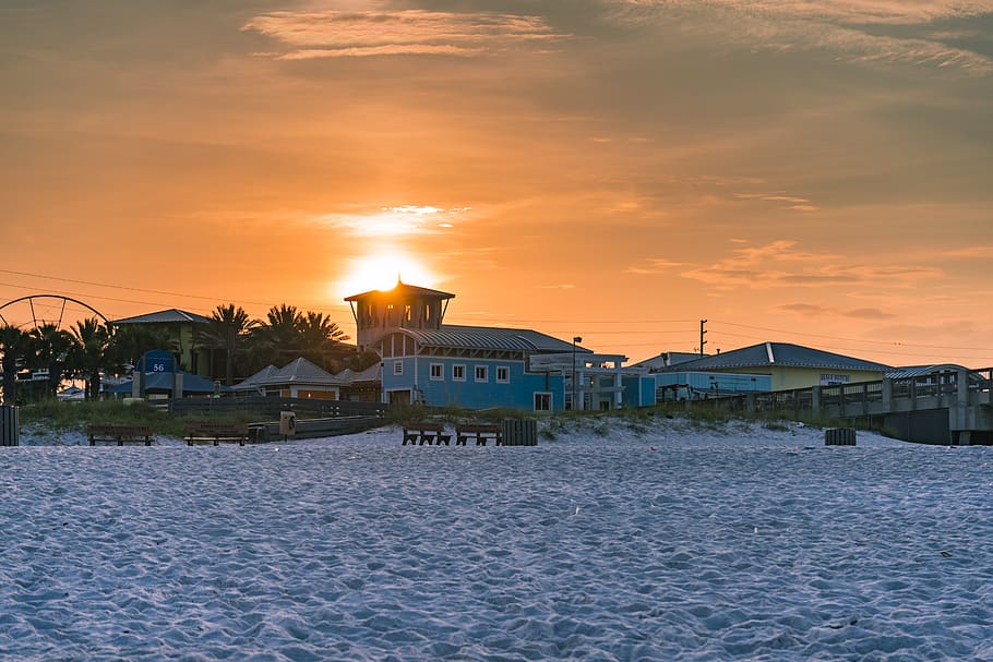 ship dock during sunset, beach, building, sky, united states HD wallpaper