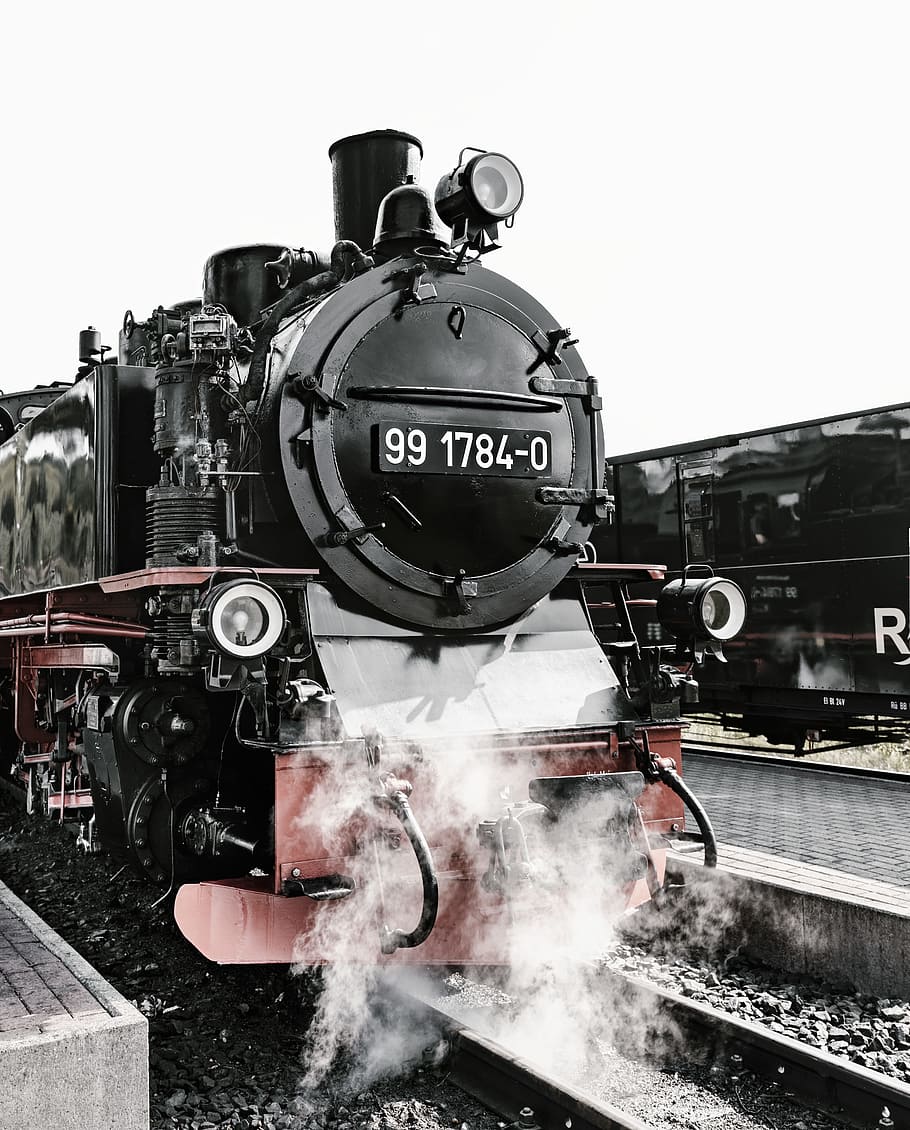 black steam engine train, railway, track, platform, dark, urban, HD wallpaper