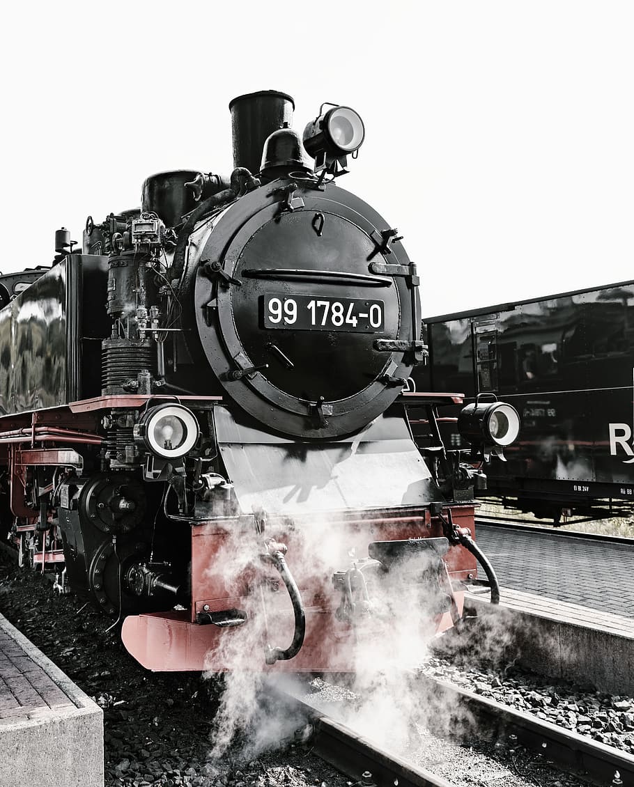black steam engine train, railway, track, platform, dark, urban HD wallpaper