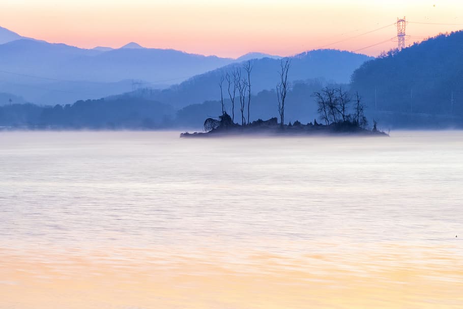 two water head, people, dawn, sunrise, misty morning, north han river, HD wallpaper
