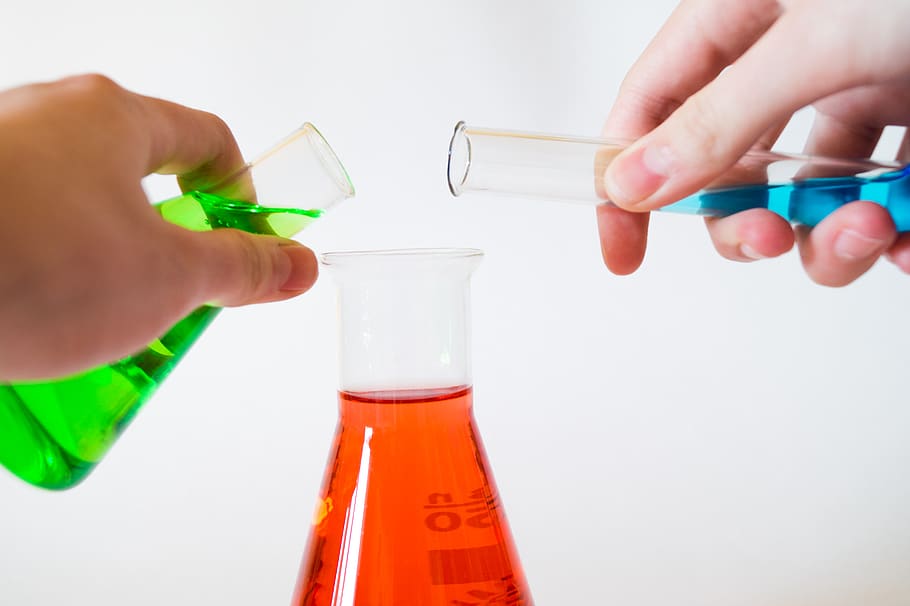 person holding laboratory flasks, human, cup, job, blue, transparency HD wallpaper