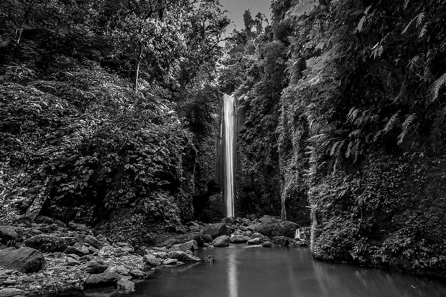 Grayscale Photography of Water Falls, black and white, cascade HD wallpaper