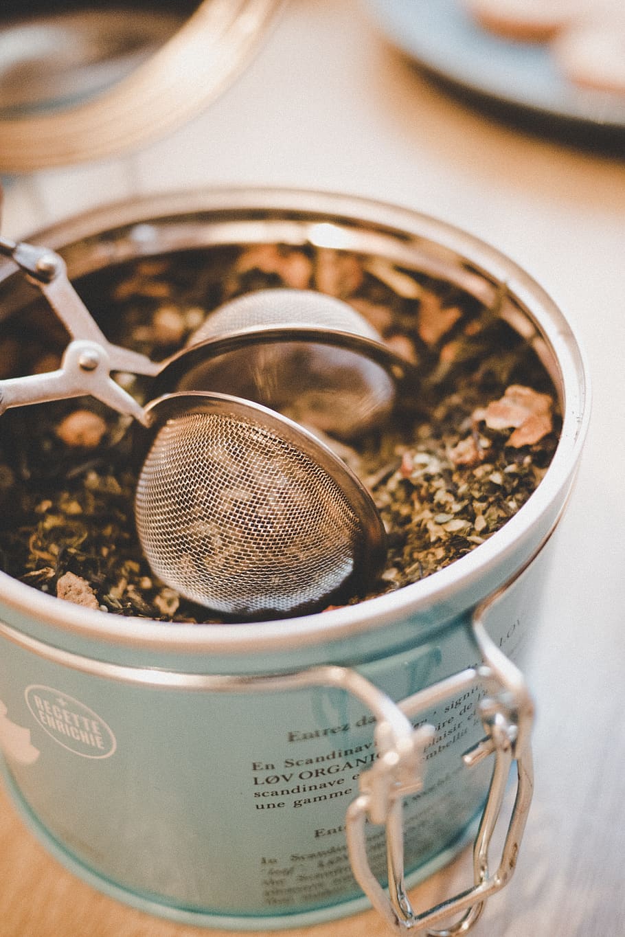 silver strainer on blue jar, still life, close-up, indoors, no people HD wallpaper