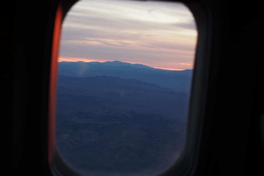 flying, airplane, window, mountains, sunset, sky, flight, aviation HD wallpaper