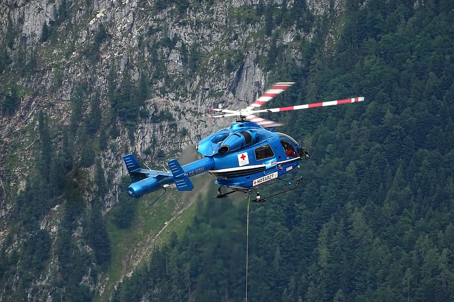 blue and white helicopter, adventure, mountain, air vehicle, nature HD wallpaper