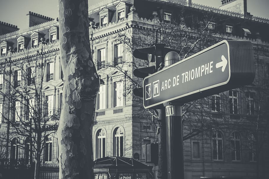 arc de triomphe, road, sign, direction, arrow, street, city HD wallpaper