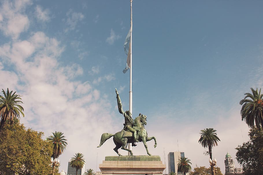 buenos aires, travel, south america, statue, flag, argentina, HD wallpaper