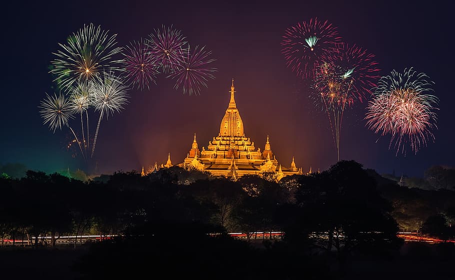 temple, firework, city, urban, construction, architecture, religious HD wallpaper