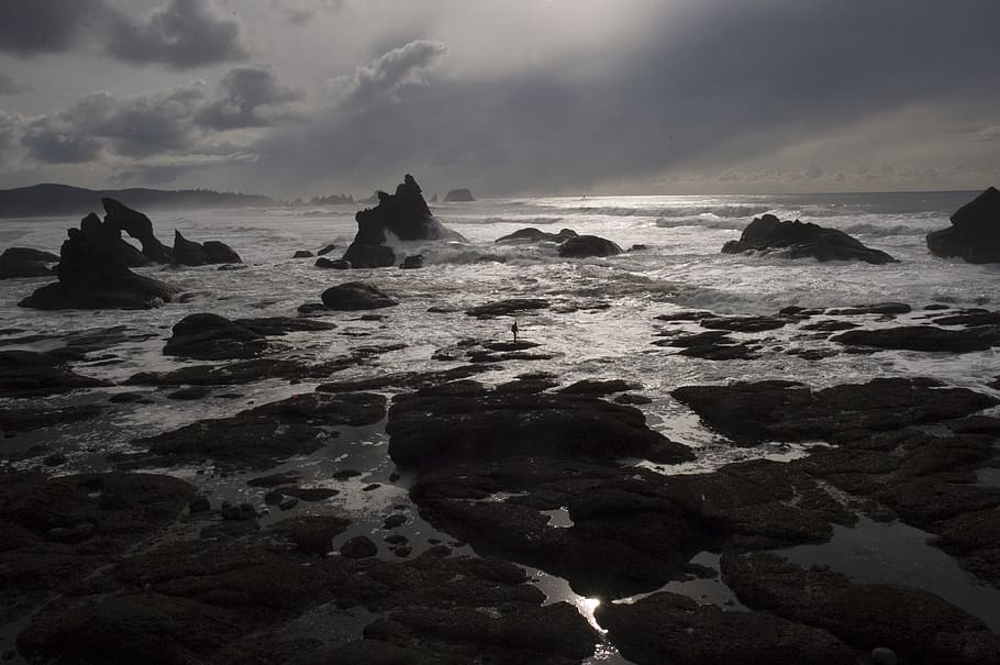 stack landform under cloudy sky nature photography, rock, water HD wallpaper