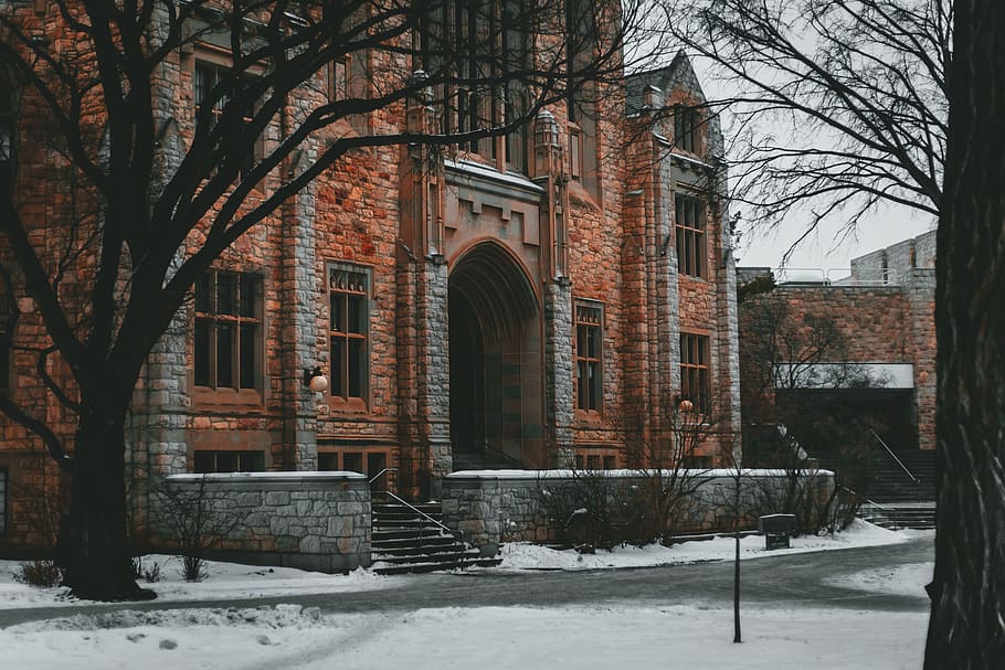 brown church, architecture, built structure, snow, winter, building exterior HD wallpaper