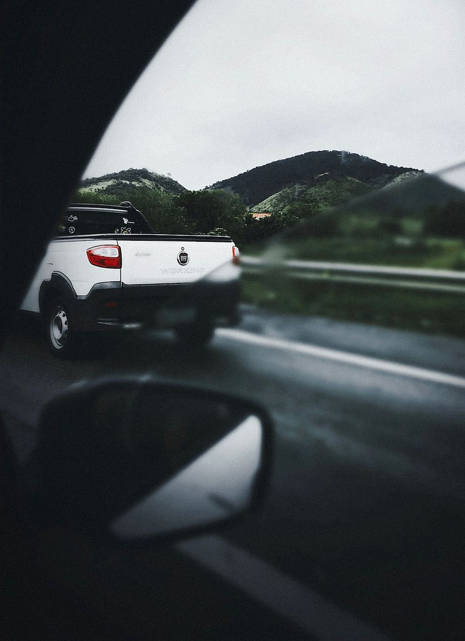 white pickup truck travelling on road, window, mountain, escape HD wallpaper