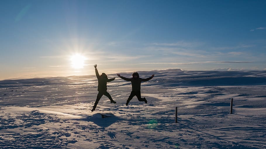 iceland, flat, landscape, jumping, snow, cold, blue, white HD wallpaper