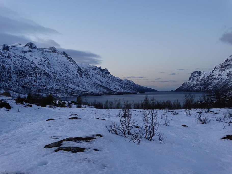 fjord, winter, wintry, norway, snow, mountains, cold temperature HD wallpaper