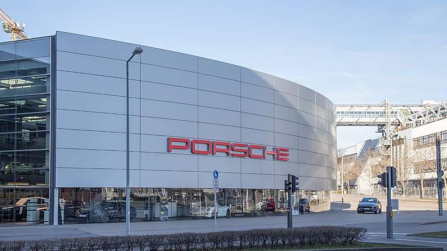 Porsche car store building, light, traffic light, automobile, HD wallpaper