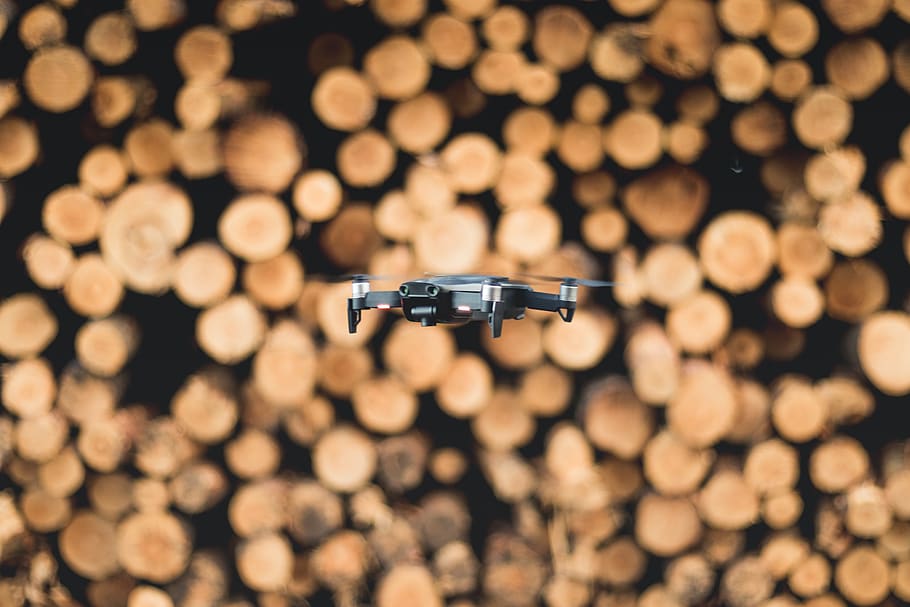 grey and black quadcopter bokeh photography, wood, drone, logs, HD wallpaper