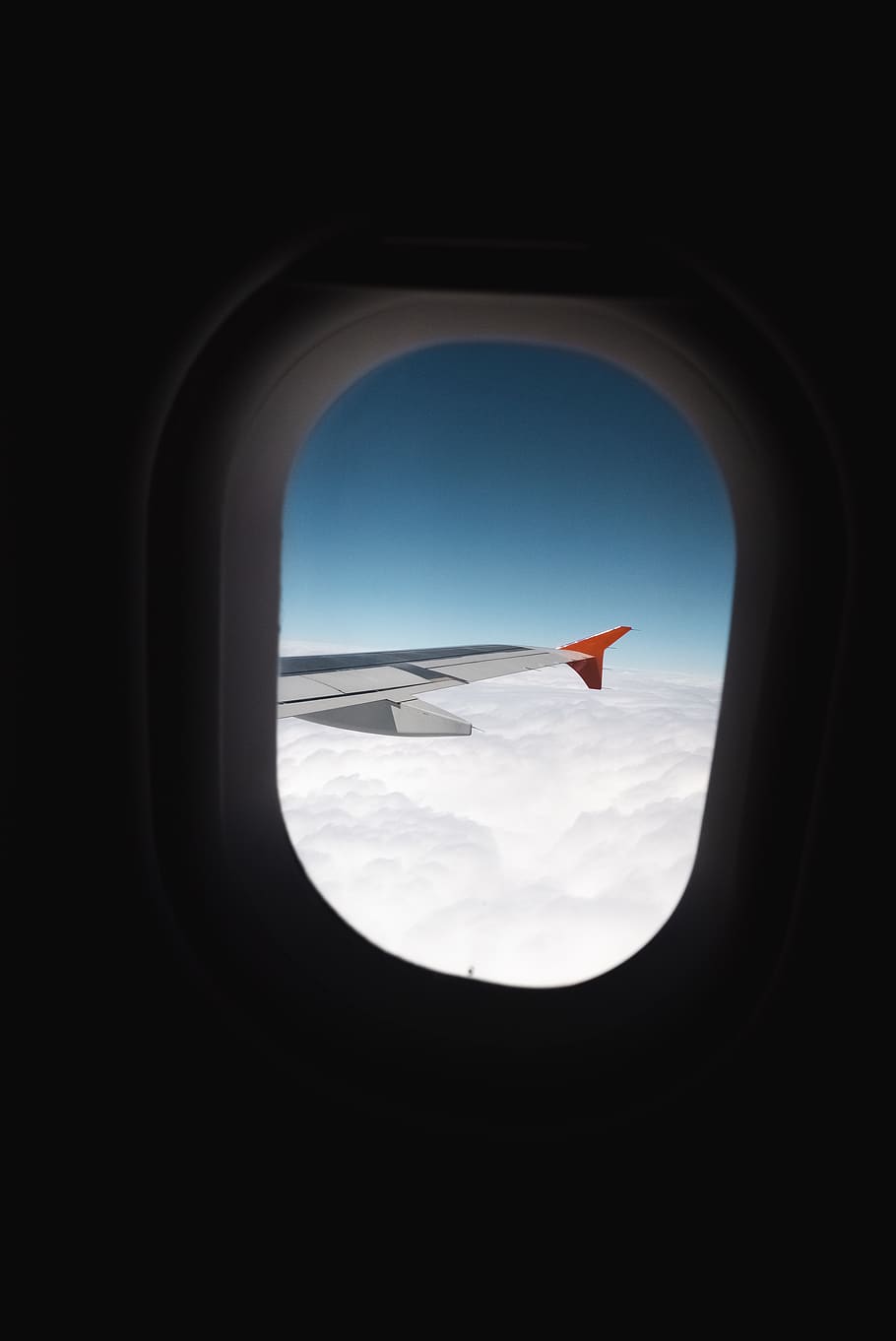 porthole, view, day, dark, contrast, red, blue, air, sky, cloudy HD wallpaper