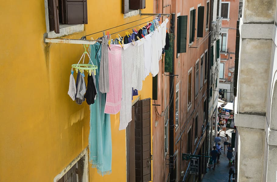 Pink Bath Towel Hang Outside Window, alley, architecture, buildings