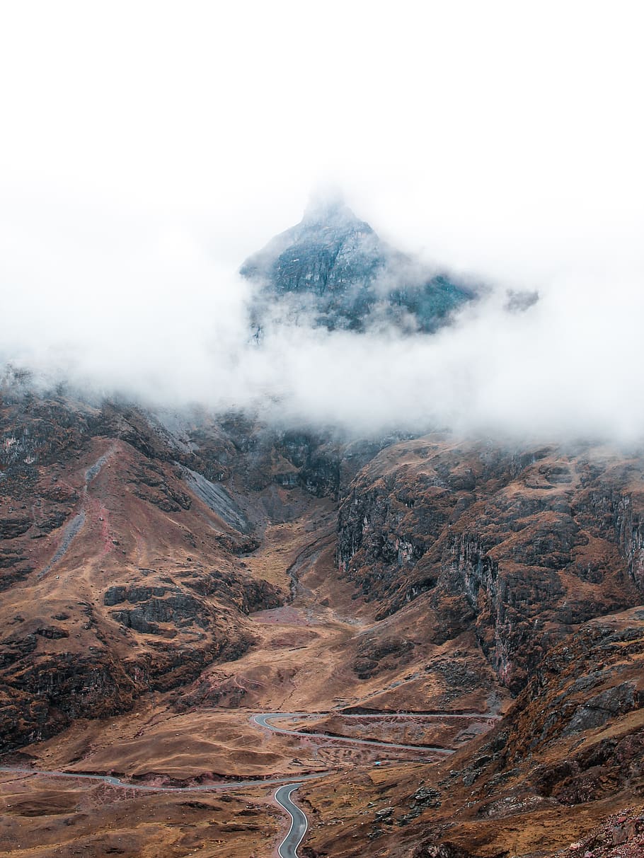 mountain, clouds, sky, road, street, brown, travel, adventure HD wallpaper