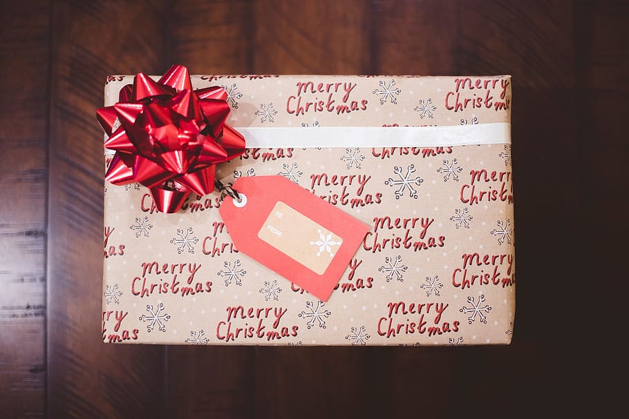 wooden, shiny, table, red, ribbon, tag, christmas, text, celebration HD wallpaper