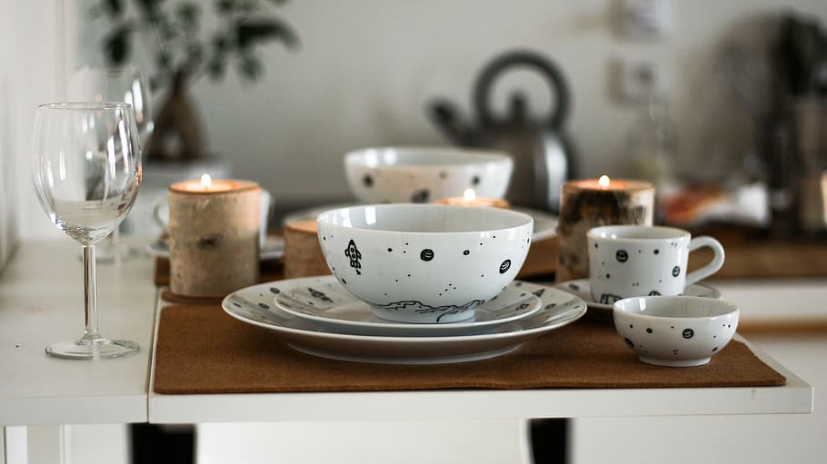 white and black ceramic wares on table, space, galaxy, drink HD wallpaper