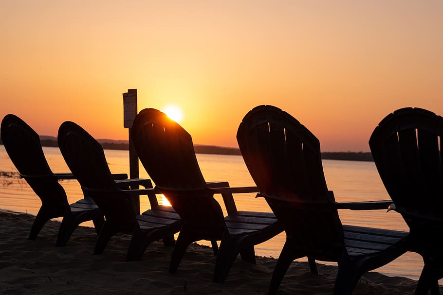 sunset, beach, water, vacation, sky, orange color, chair, seat HD wallpaper