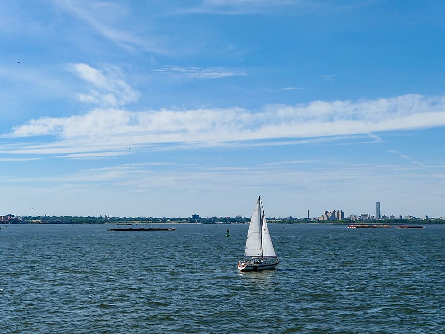 Sailboat in Ocean, Clouds, Sky, Water, blue, blue sky, white HD wallpaper