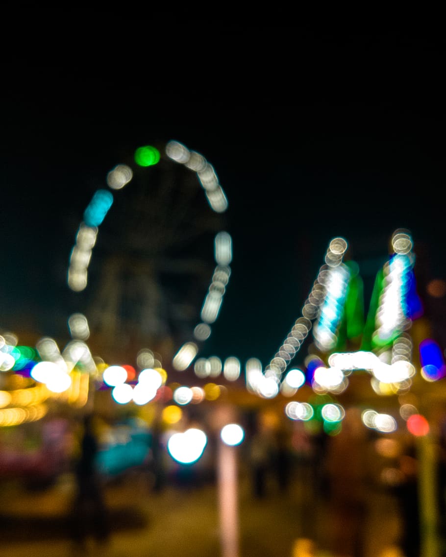 amusement park, ferris wheel, theme park, carnival, crowd, lighting