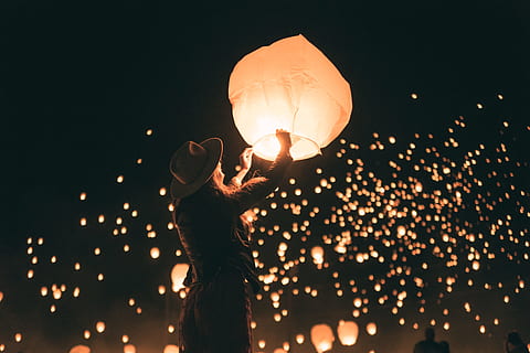 person holding lantern, light, night, woman, hat, lady, bokeh HD wallpaper