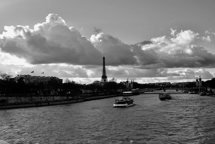 paris, eiffel tower, river, seine river, bandw, clouds, city HD wallpaper