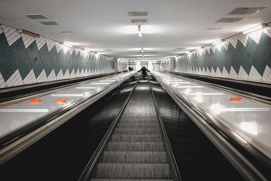 Subway Escalator, abstract, architecture, bahn, blue, building, HD wallpaper