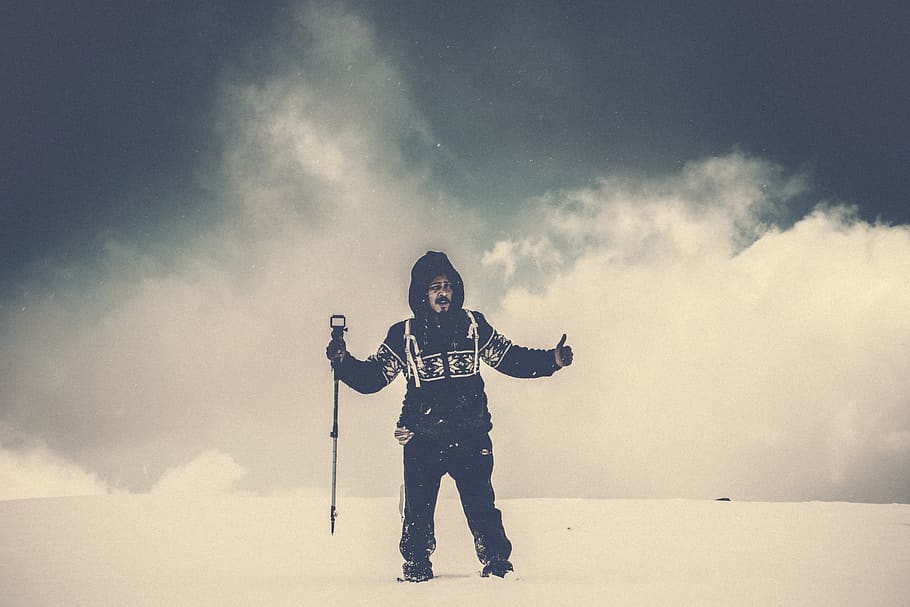 Person Wearing Black and White Winter Outfit, clouds, cloudy HD wallpaper