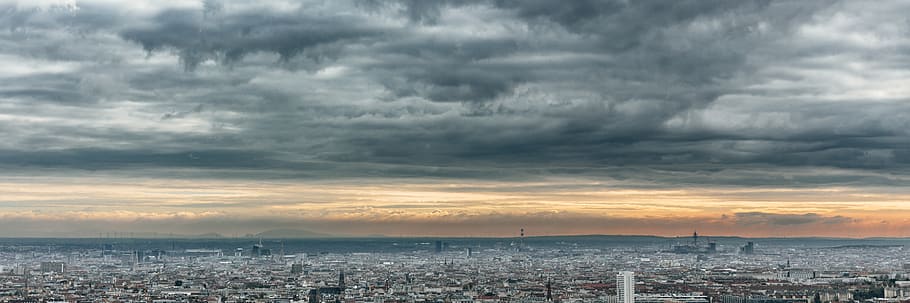 austria, vienna, cityscape, cloud, gray, wein, pano, panorama, HD wallpaper