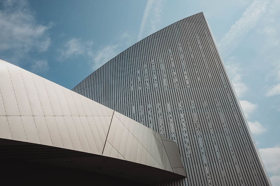 metal, architecture, shape, colour, sky, blue, salford, iwm HD wallpaper