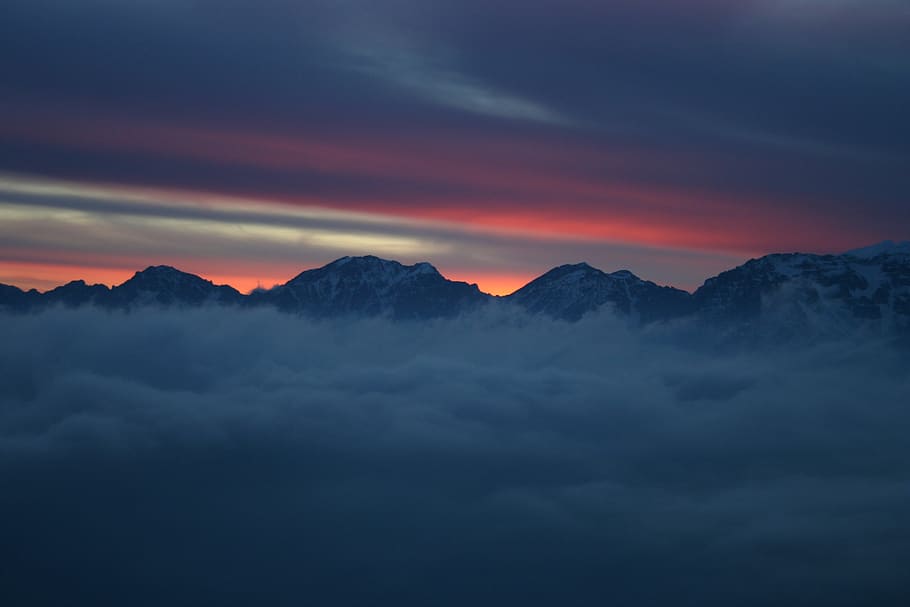 sunset, winter, light, rossa, clouds, sky, mountains, west, HD wallpaper