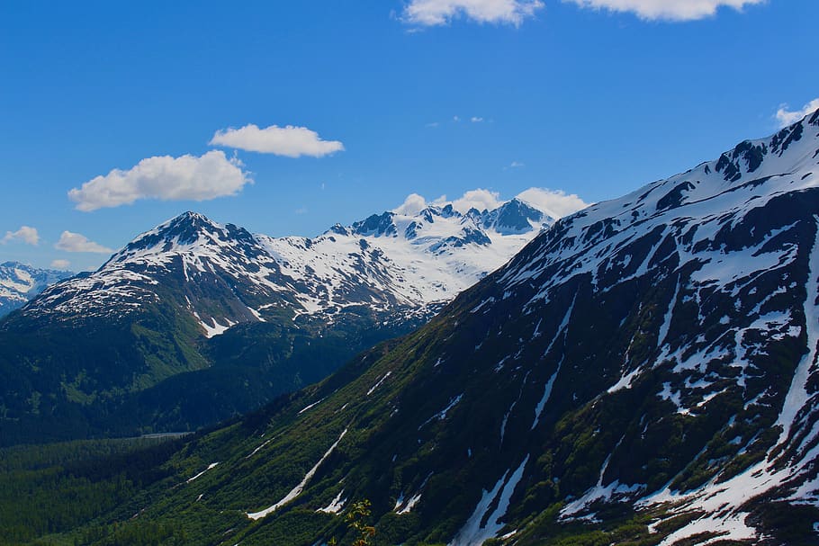 mountains, alaska, clouds, blue, snow, green, hike, harding HD wallpaper