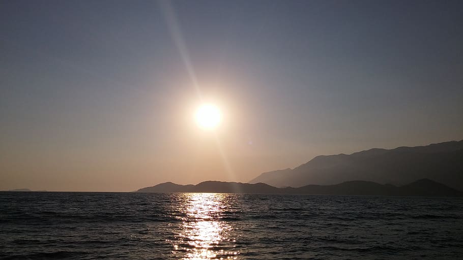 turkey, kaş, sunset, sky, sea, light, blue, water, beauty in nature HD wallpaper