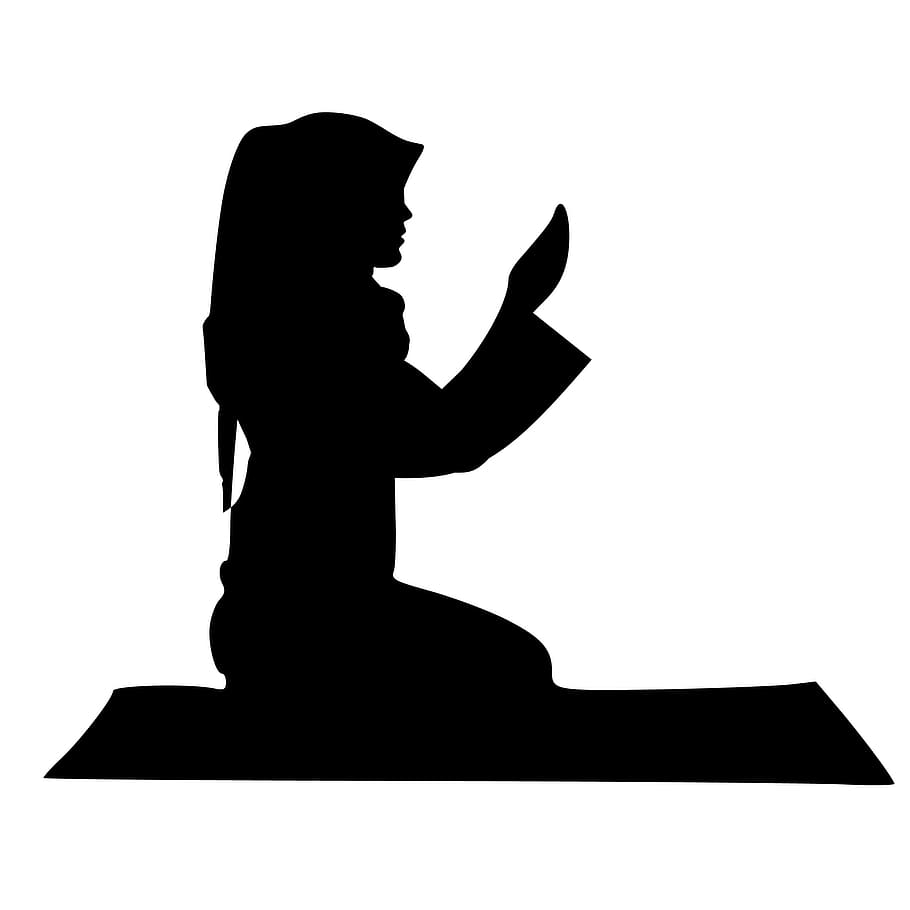 Illustration of praying woman in silhouette., islamic, prayer