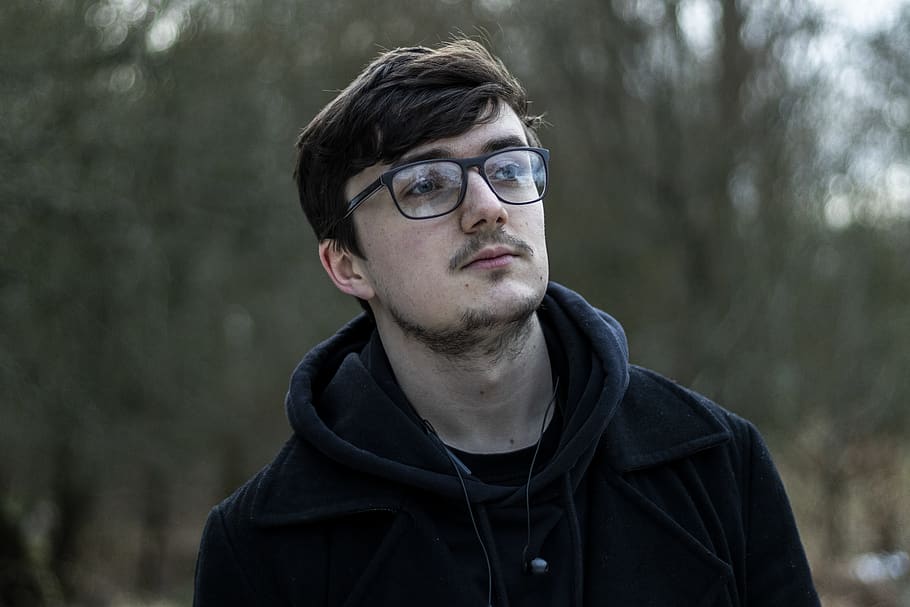 man in black drawstring hoodie with eyeglasses, person, human