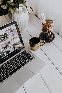 Apple MacBook & Coffee on the white desk, interior, office HD wallpaper
