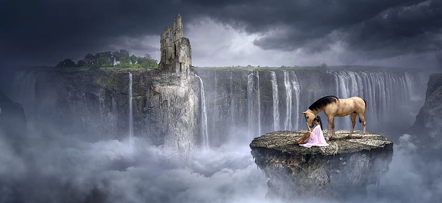 fantasy, waterfall, rock, horse, girl, clouds, ruin, landscape