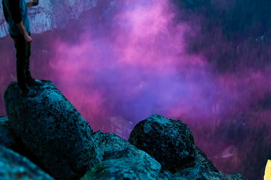 sun, cliff, tree, smoke grenade, yosemite, rock, no people HD wallpaper