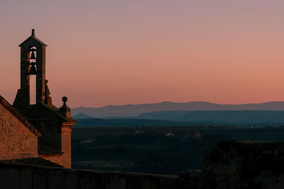 sunset, people, bell tower, arbeca, lleida, sky, architecture HD wallpaper
