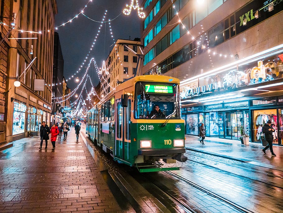 finland, helsinki, aleksanterinkatu, tram, city light, tramcar