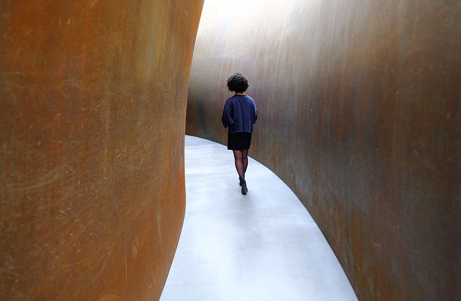 woman standing on path, person, walking, perspective, modern design HD wallpaper