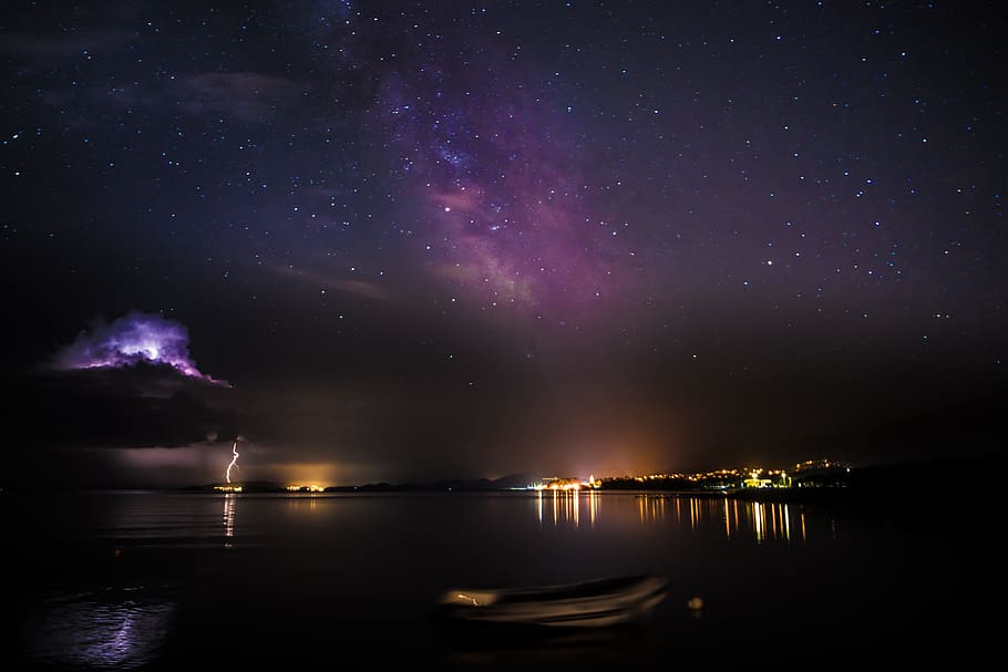 starry night, sky, water, galaxy, river, lake, light, astrophotography HD wallpaper
