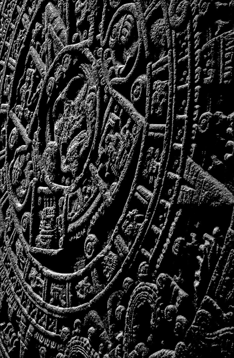 mexico, cdmx, aztec calendar, rock, texture, black and white