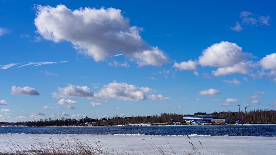 clouds, river, ice, landscape, water, nature, sky, mood, reflection HD wallpaper