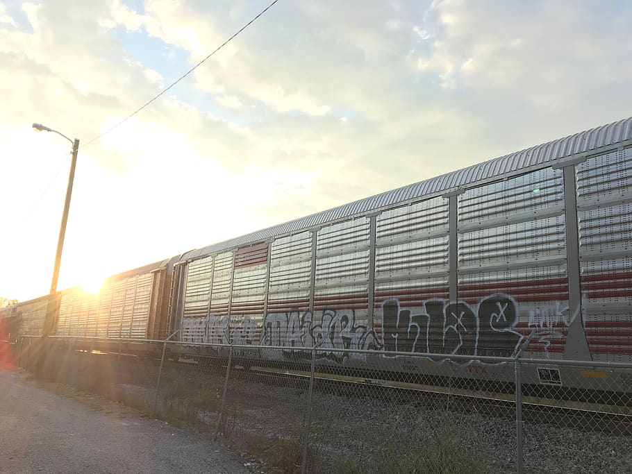 sunset, train, graffiti, rails, movement, sky, cloud - sky HD wallpaper