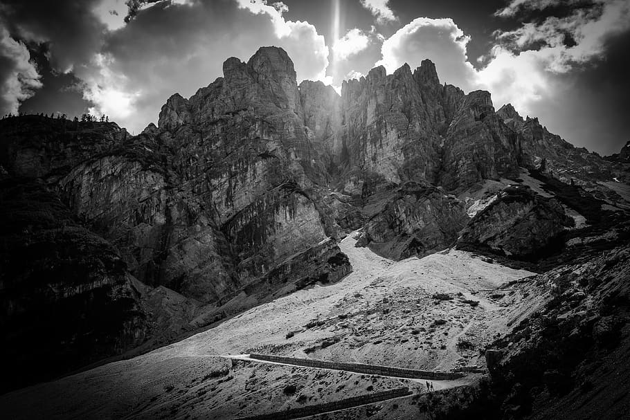 Greyscale Photography of Mountain Under Clouds, black-and-white HD wallpaper