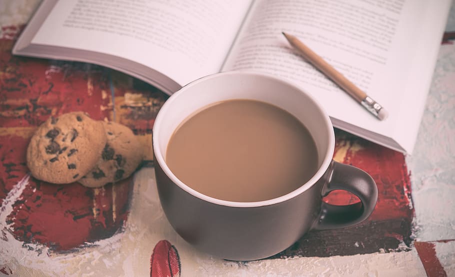 beverage filled mug beside cookie and book, food and drink, cup HD wallpaper
